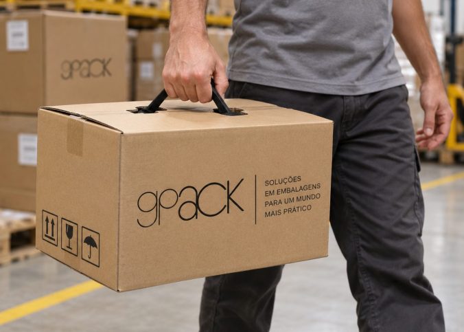 operador carregando caixa de papelão com alça plástica G Pack