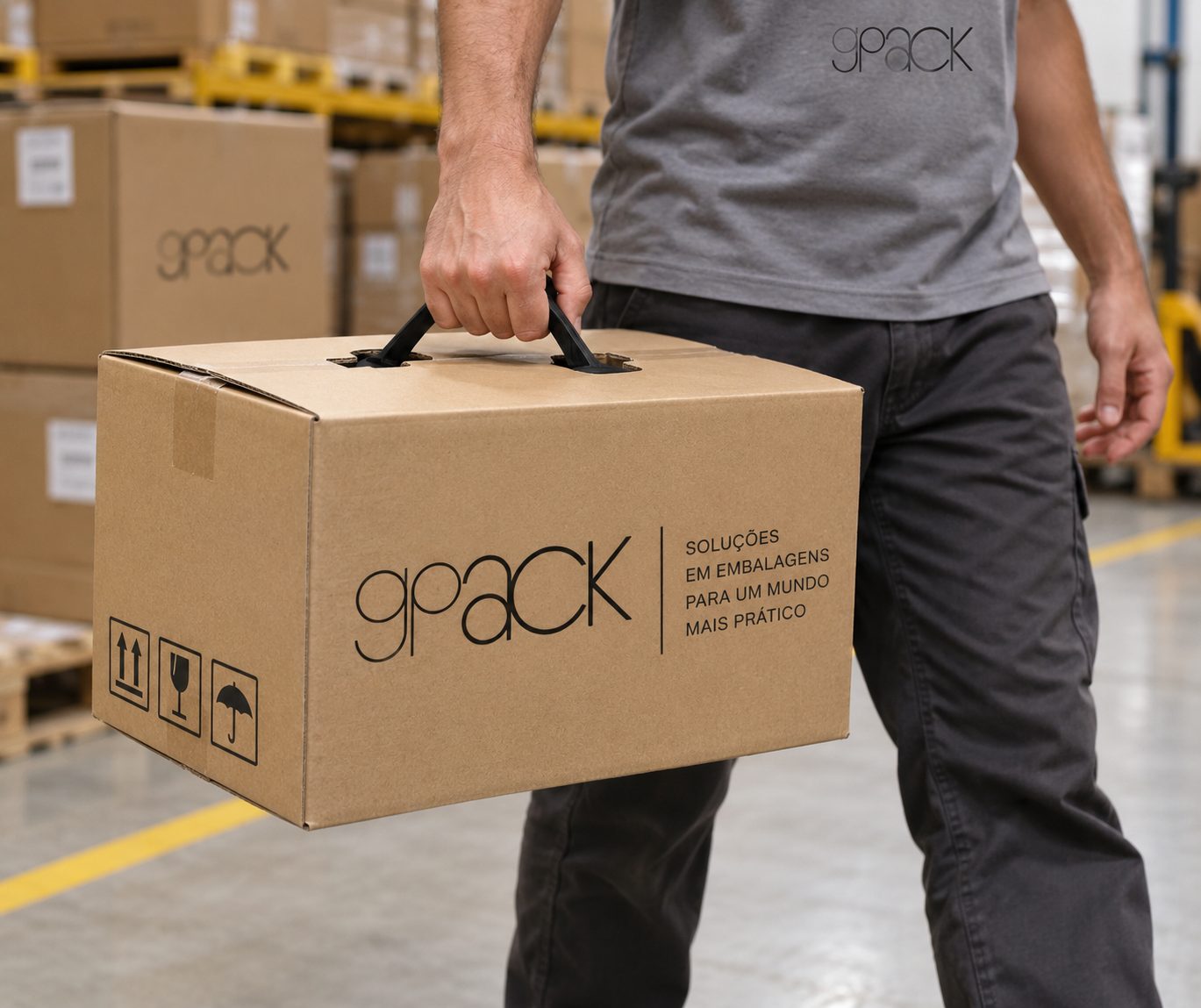 operador carregando caixa de papelão com alça plástica G Pack